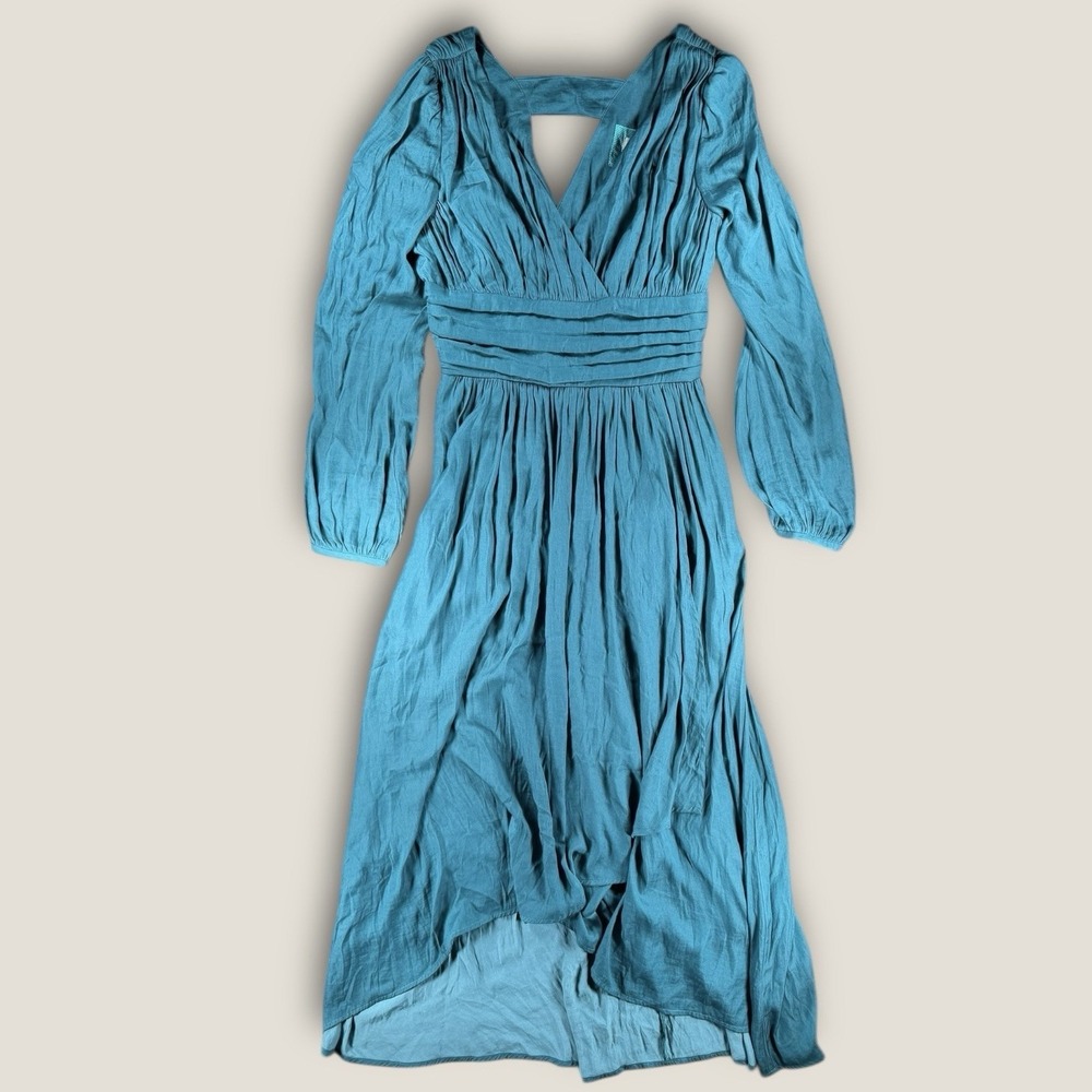 Anthropologie Teal Ruched Maxi Dress Size 4 Long‎ Sleeve Open Back Boho Wedding